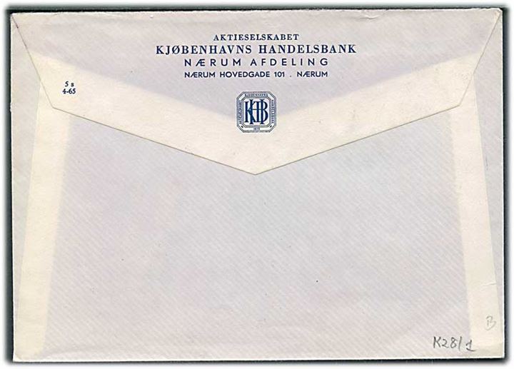 60 øre Fr. IX og 1 kr. Rigsvåben med perfin “K.H.” på rudekuvert fra Københavns Handelsbank sendt som luftpost fra Nærum d. 8.7.1965.