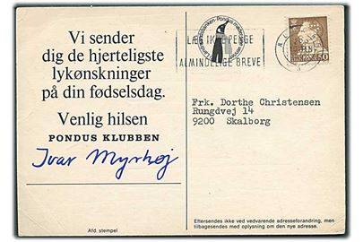 50 øre Fr. IX med perfin “LB” på brevkort fra Pondus klubben i Ålborg d. 15.1.1971 til Skalborg.