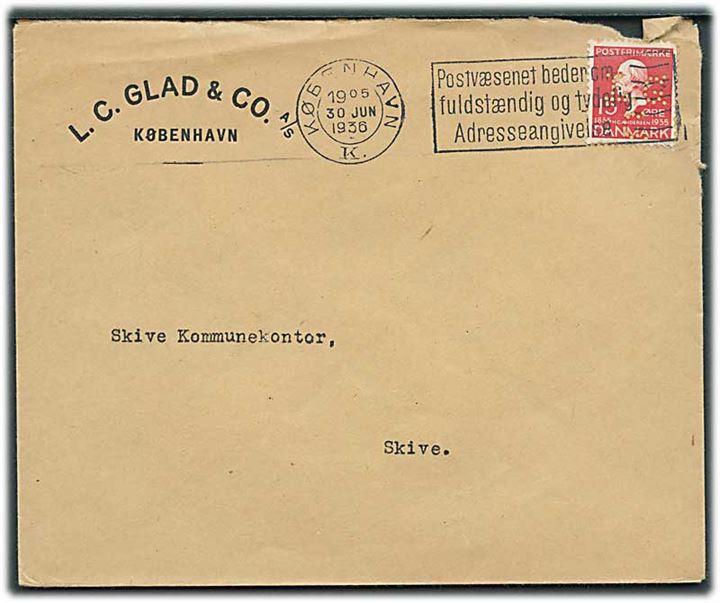 15 øre H.C.Andersen med perfin “L.G.C.” på brev fra L.C.Glad & Co. i København d. 30.6.1936 til Skive.