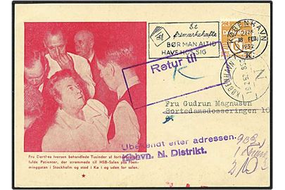 6 øre orange bølgelinie på lokalt reklamekort fra København d. 18.2.1952. Korter er returneret.
