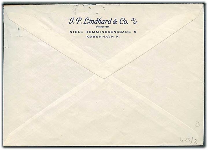 30 øre Fr. IX med perfin “L.G.N.” på firmakuvert fra J.P.Lindhard & Co. A/S i København d. 4.11.1961.