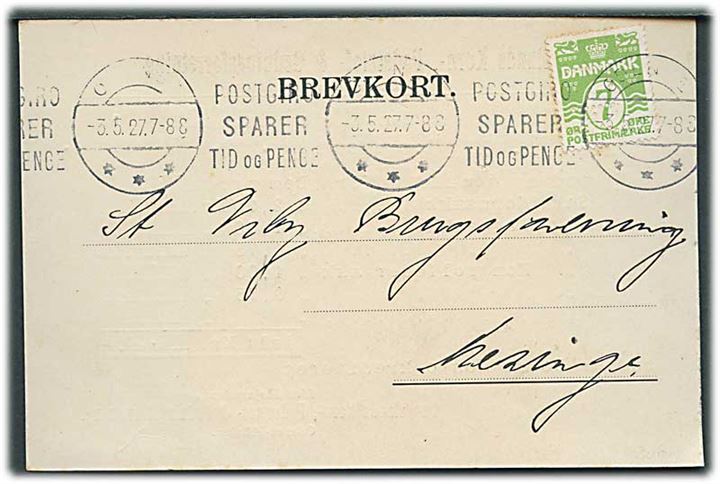 7 øre Bølgelinie med perfin “LK” på tryksags-brevkort fra Langelands Korn, Foderstof- og Gødningsforretning i Odense d. 3.5.1927 til Mesinge.