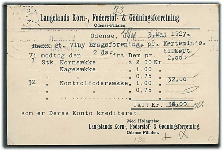7 øre Bølgelinie med perfin “LK” på tryksags-brevkort fra Langelands Korn, Foderstof- og Gødningsforretning i Odense d. 3.5.1927 til Mesinge.