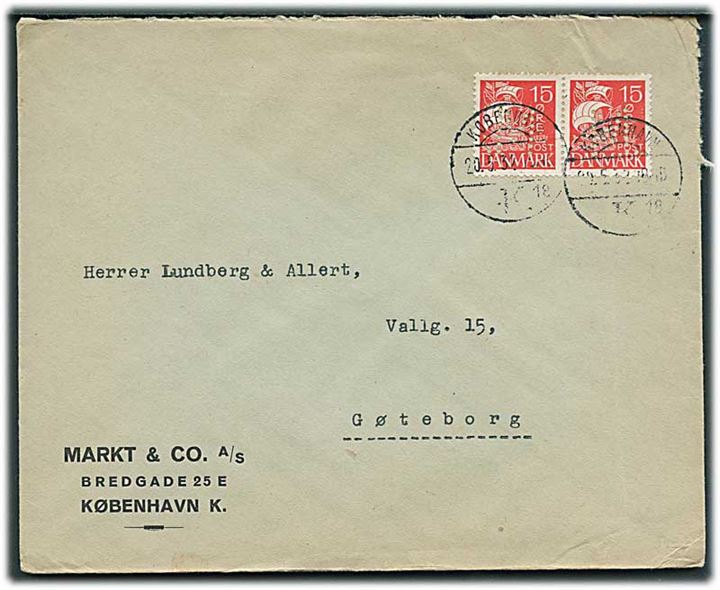 15 øre Karavel i parstykke med perfin “M.” på firmakuvert fra Markt & Co. A/S i København d. 20.5.1932 til Göteborg, Sverige.
