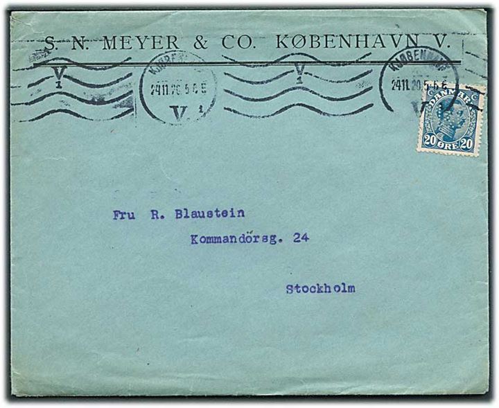 20 øre Chr. X med perfin “M&Co” på firmakuvert fra S.N.Meyer & Co. i Kjøbenhavn d. 24.11.1920 til Stockholm, Sverige.