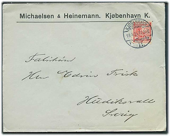 10 øre Chr. IX med perfin “M&H” på firmakuvert fra Michaelsen & Heinemann i Kjøbenhavn d. 18.4.1905 til Hudriksvall, Sverige.