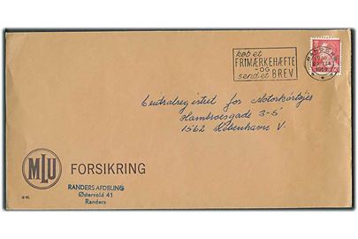 60 øre Fr. IX (defekt) med perfin “MLU” på aflang kuvert fra MLU Forsikring i Randers d. 23.2.1969 til København.