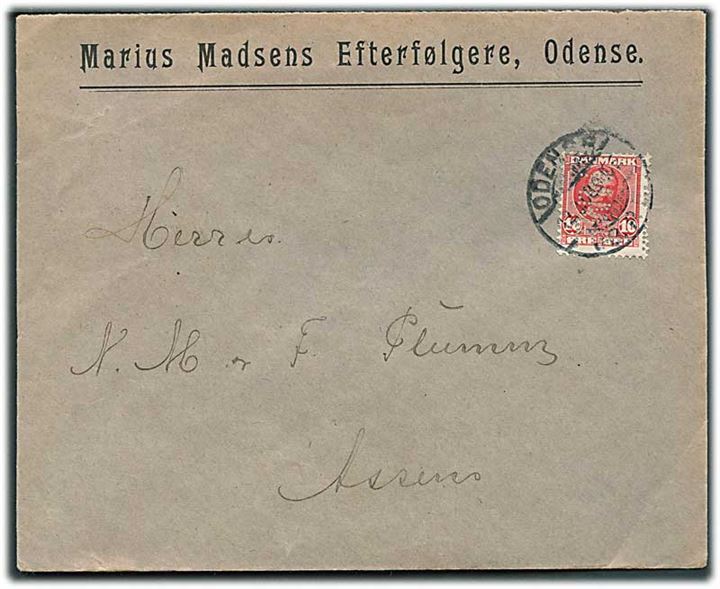 10 øre Fr. VIII med perfin “M.M.E.” på firmakuvert fra Marius Madsens Efterfølgere i Odense d. 12.9.1908 til Assens.