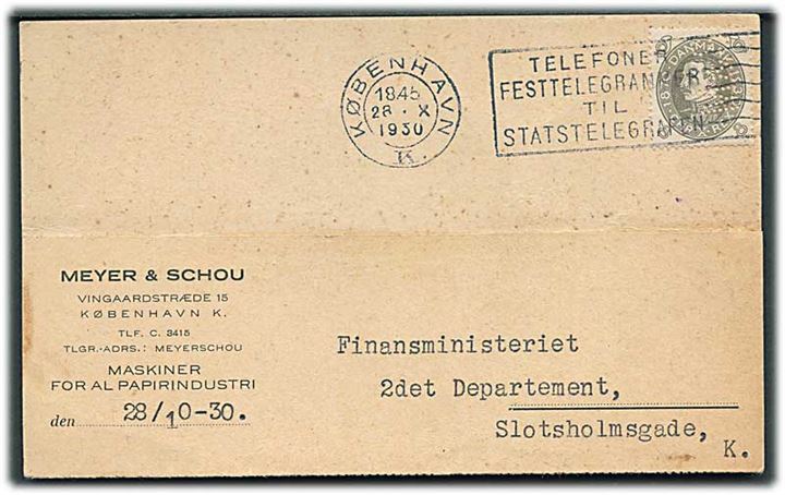 8 øre Chr. X med perfin “M.&S.” på lokalt brevkort fra firma Meyer & Schou i Kømbenhavn d. 28.10.1930.