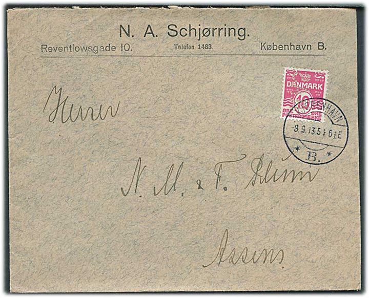 10 øre Bølgelinie med perfin “N.A.S.” på firmakuvert fra N.A.Schjørring i Kjøbenhavn d. 8.9.1913 til Assens.