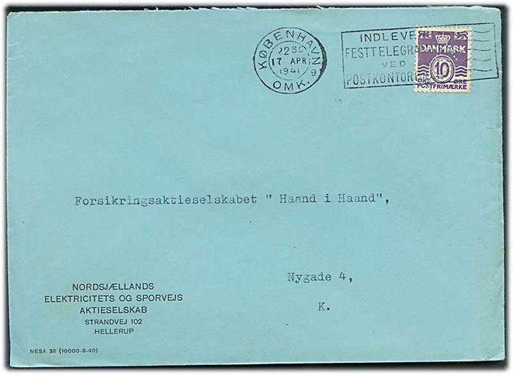 10 øre Bølgelinie med perfin “NESA” på lokalbrev fra Nordsjællands Elektricitets og Sporvejs Aktieselskab i København d. 17.4.1941.