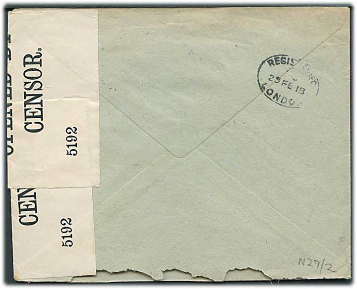 35 øre Chr. X med perfin “N.H.&Co.” på firmakuvart fra N. Hansen & Co. sendt anbefalet fra Kjøbenhavn d. 9.2.1918 til Birmingham, England. Åbnet af britisk censur no. 5192.