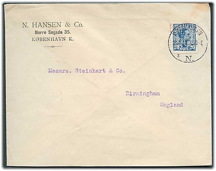 20 øre Chr. X med perfin “N.H.& Co.” på firmakuvert fra N. Hansen & Co. i Kjøbenhavn d. 26.9.1916 til Birmingham, England. Åbnet af britisk censur no. 239.