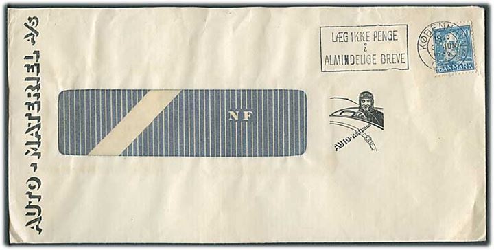 40 øre Chr. X med perfin “NM” på illustreret rudekuvert fra Auto-Materiel A/S i København d. 3.6.1949.