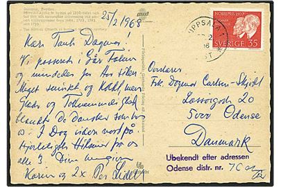 35 øre rød på postkort fra Uppsala, Sverige, d. 25.2.1969 til Odense. Påstemplet Ubekendt efter adressen.