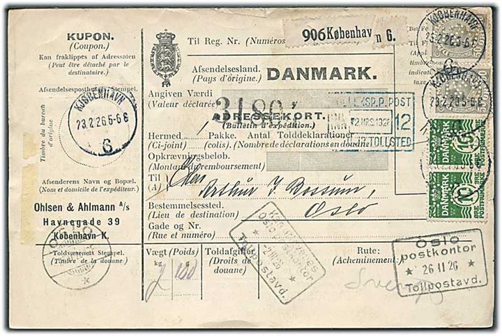 10 øre Bølgelinie (2) og 50 øre Chr. X (2) med perfin “O&A” på internationalt adressekort for pakke fra firma Ohlsen & Ahlmann A/S i Kjøbenhavn d. 23.2.1926 til Oslo, Norge.