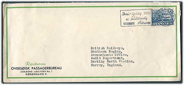 40 øre DSB Jubilæum med perfin “O.P.” på aflang firmakuvert fra Oversøisk Passagerbureau i København d. 24.1.1949 til Dorking, England.