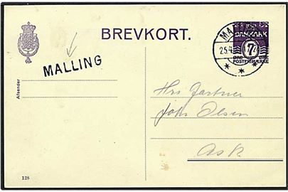 7 øre violet bølgelinie enkeltbrevkort fra Malling d. 25.4.1939 til Ask. Malling liniestempel.