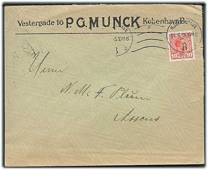 10 øre Chr. X med perfin “PGM” på firmakuvert fra P.G.Munck i Kjøbenhavn d. 31.3.1915 til Assens.