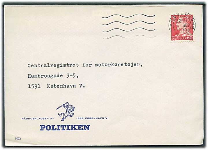 60 øre Fr. IX med perfin “POL” på firmakuvert fra Politiken sendt lokalt i København d. x.9.1970.
