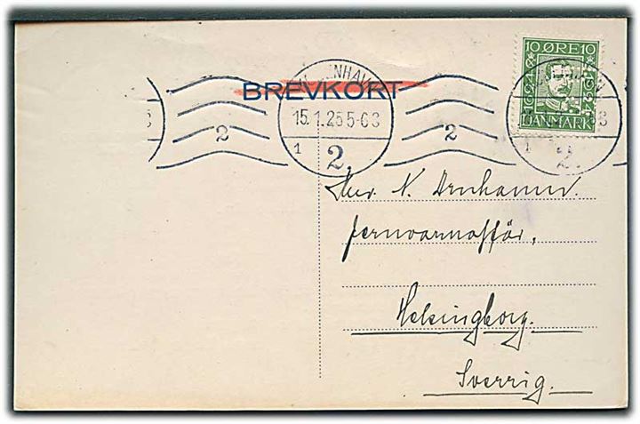 10 øre Chr. X Postjubilæum med perfin “P.O.S.” på tryksags-brevkort fra firma Joh. Chr. Petersen & Søn i København d. 15.1.1925 til Helsingborg, Sverige.