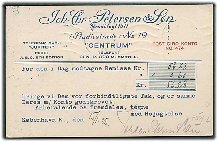 10 øre Chr. X Postjubilæum med perfin “P.O.S.” på tryksags-brevkort fra firma Joh. Chr. Petersen & Søn i København d. 15.1.1925 til Helsingborg, Sverige.