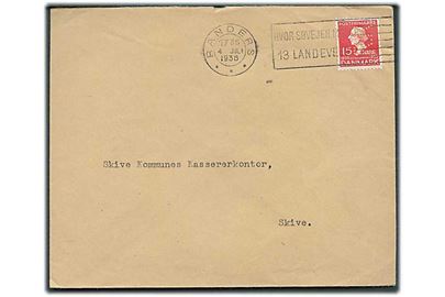 15 øre H.C.Andersen med perfin “R.K.” på brev fra Randers Kæmnerkontor stemplet Randers d. 4.7.1936 til Skive.