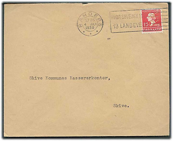 15 øre H.C.Andersen med perfin “R.K.” på brev fra Randers Kæmnerkontor stemplet Randers d. 4.7.1936 til Skive.