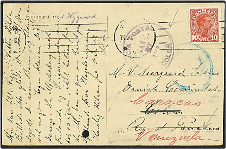 10 øre rød Chr. X på postkort d. 13.2.1918 til Panama. Omadresseret til Venezuela.