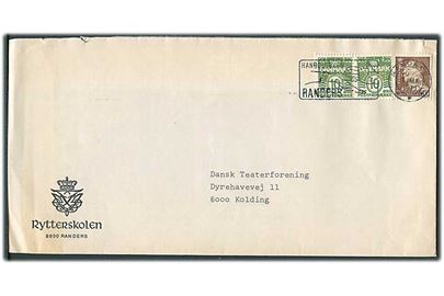 10 øre Bølgelinie i parstykke og 50 øre Fr. IX med perfin “R.K.” (Randers Kommune) på aflang kuvert fra Rytterskolen i Randers d. 7.3.1973.
