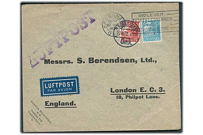 15 øre og 25 øre Karavel med perfin “S.B.” på fortrykt kuvert fra firma Sophus Berendsen sendt som luftpost fra København d. 27.10.1932 til London, England.