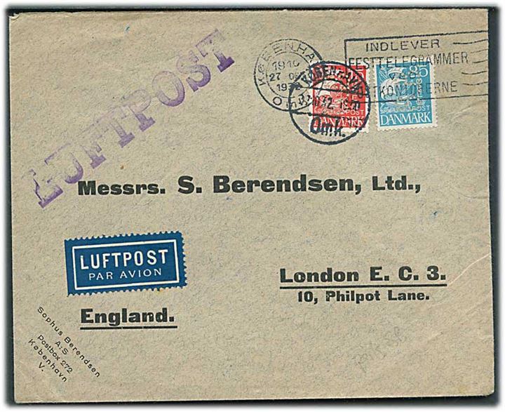 15 øre og 25 øre Karavel med perfin “S.B.” på fortrykt kuvert fra firma Sophus Berendsen sendt som luftpost fra København d. 27.10.1932 til London, England.