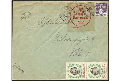 10 øre violet bølgelinie på lokalt brev fra København d. 13.12.1942. Brevet lukket af postvæsenet, A. 61 (6-41).