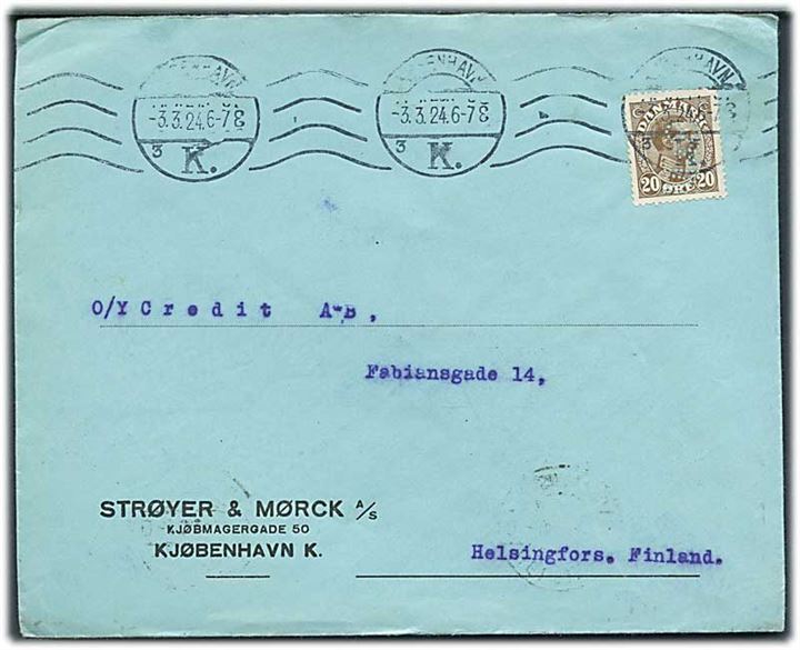 20 øre Chr. X med perfin “S.&M.” på firmakuvert fra Strøyer & Mørck A/S i København d. 3.3.1924 til Helsingfors, Finland.