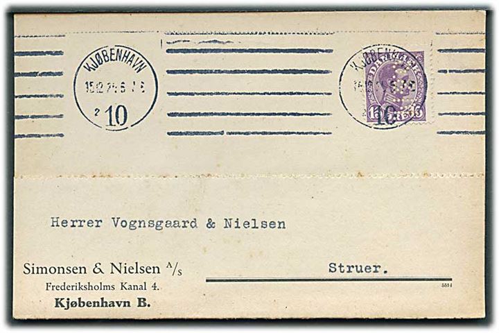 15 øre Chr. X med perfin “S.&N.” på brevkort fra Simonsen & Nielsen A/S i Kjøbenhavn d. 15.12.1925 til Struer.