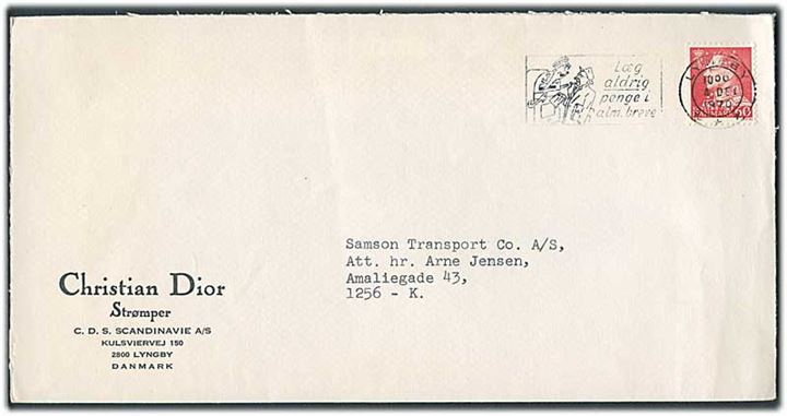 60 øre Fr. IX med perfin “S.T.” på aflang kuvert fra Christian Dior Strømper i Lyngby d. 4.12.1970 til København.