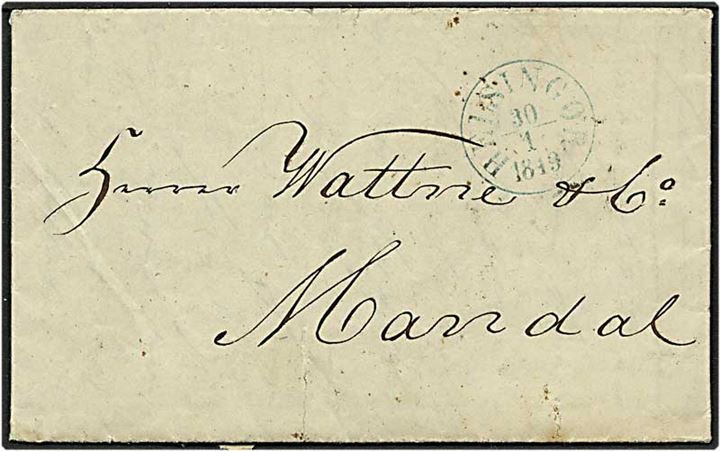 Præfil brev fra Helsingør d. 30.1.1849 til Mandal, Norge. Helsingør antikvastempel i blåt.