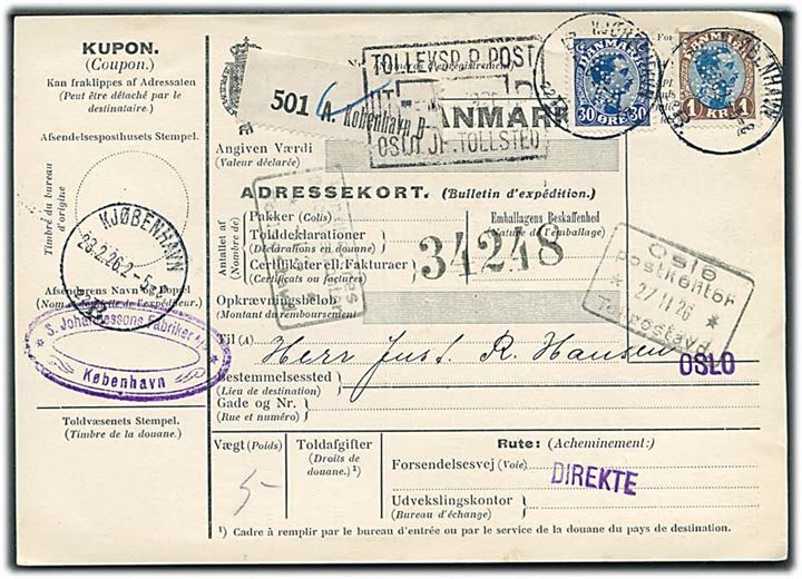 30 øre og 1 kr. Chr. X med perfin “SXJ” på internationalt adressekort for pakke fra firma S. Johannesons Fabriker A/S i Kjøbenhavn d. 28.2.1926 til Oslo, Norge.
