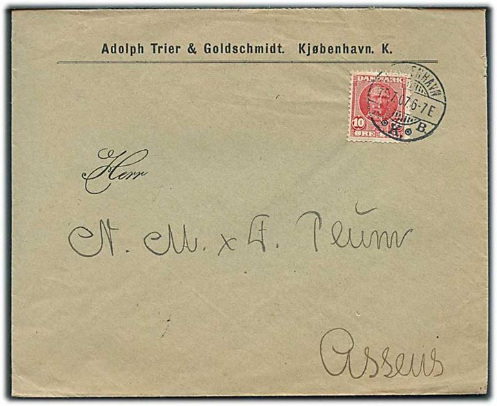 10 øre Fr. VIII med perfin “TG” på firmakuvert fra Adolph Trier & Goldschmidt i Kjøbenhavn d. 15.7.1907 til Assens.