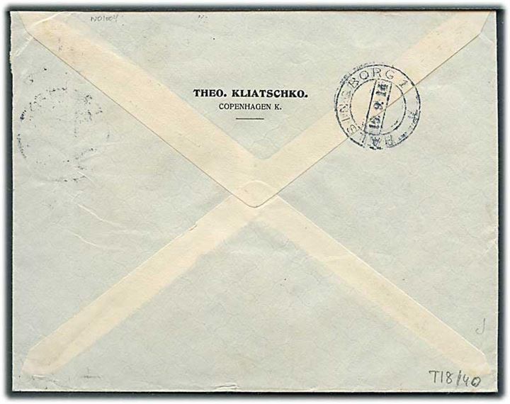 5 øre og 10 øre (par) Chr. X med perfin “T.K.” på anbefalet brev fra firma Theo. Kliatschko i Kjøbenhavn d. 15.9.1914 til Helsingborg, Sverige.