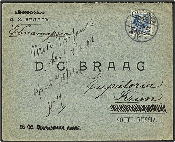 20 øre blå Chr. IX singelfrankatur på brev fra København d. 9.1.1908 til Eupatoria, Rusland.