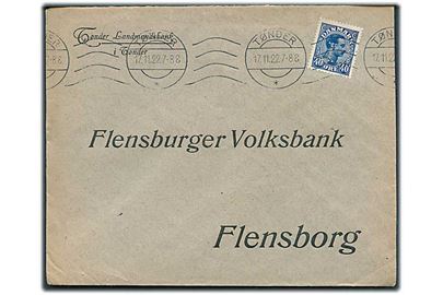 40 øre Chr. X med perfin “T.L.” på firmakuvert fra Tønder Landmandsbank i Tønder d. 17.11.1922 til Flensburg, Tyskland.