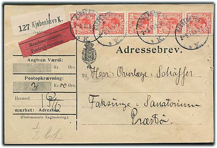 10 øre Chr. X i 5-stribe med perfin “TL&C” på adressebrev for pakke med opkrævning fra Th. Lose & Co. i Kjøbenhavn d. 2.6.1919 til Præstø.