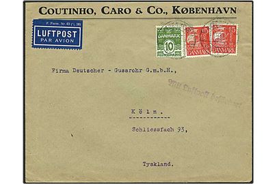 10 øre grøn bølgelinie og 15 øre rød karavel på luftpost brev fra København d. 17.6.1929 til Köln, Tyskland.