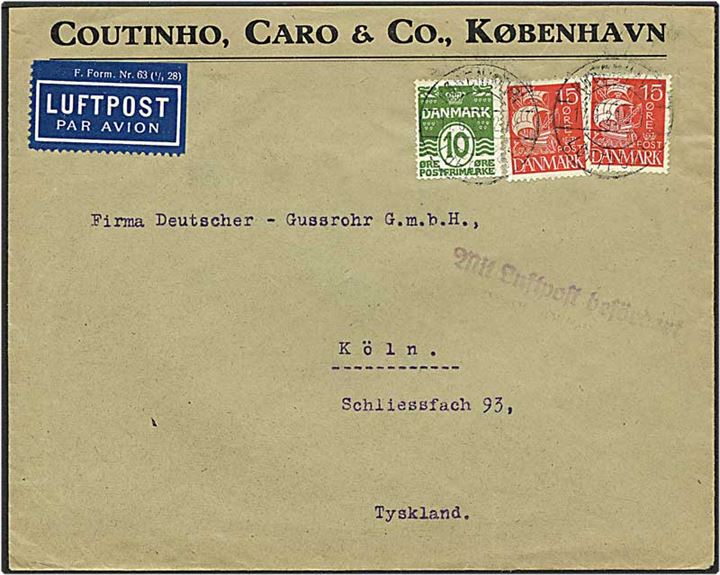 10 øre grøn bølgelinie og 15 øre rød karavel på luftpost brev fra København d. 17.6.1929 til Köln, Tyskland.