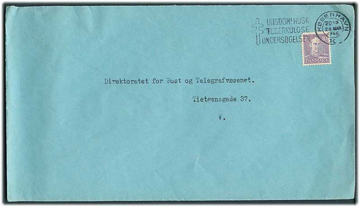 10 øre Chr. X med perfin “U.M.” på stort lokalbrev med lukkeoblat fra Udenrigsministeriet i København d. 28.3.1946.