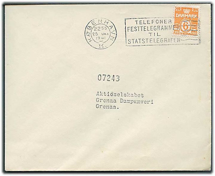 6 øre Bølgelinie med perfin “V” på tryksag fra Direktoratet for Vareforsyning i København d. 25.10.1941 til Grenaa.