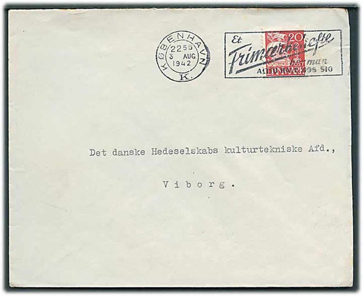 20 øre Karavel med perfin “V” på fortrykt kuvert fra Byggenævnet i København d. 3.8.1942 til Viborg.