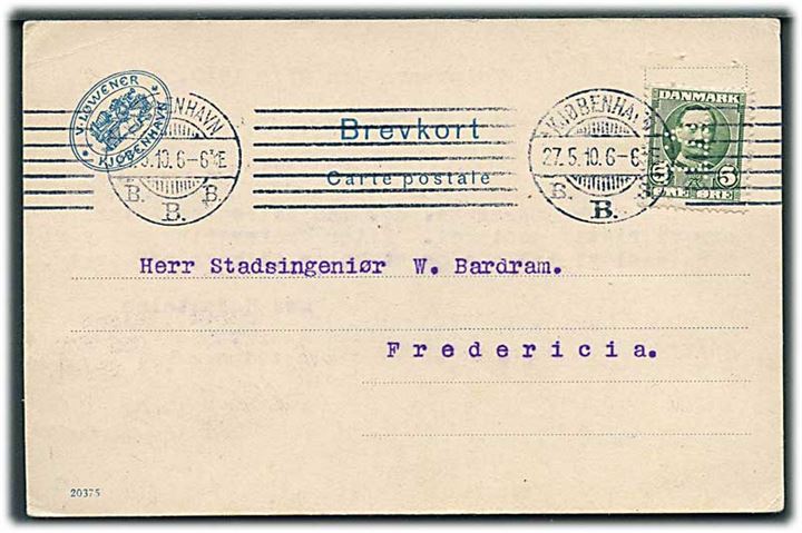 5 øre Fr. VIII med perfin “V.L.” på brevkort fra firma V. Løwener i Kjøbenhavn d. 27.5.1910 til Fredericia.