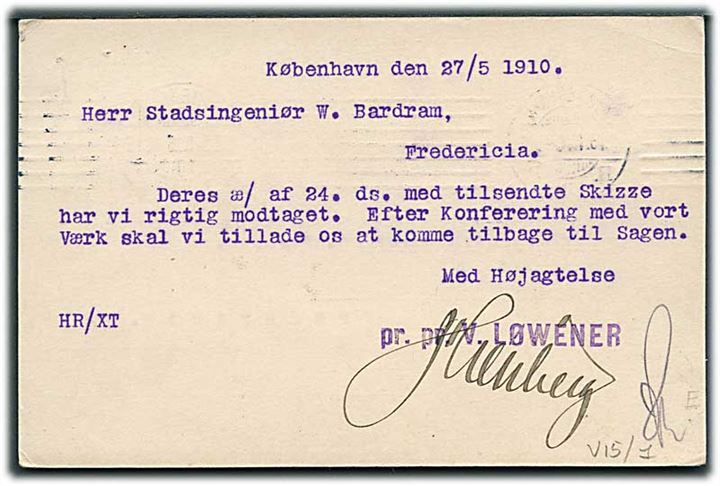 5 øre Fr. VIII med perfin “V.L.” på brevkort fra firma V. Løwener i Kjøbenhavn d. 27.5.1910 til Fredericia.